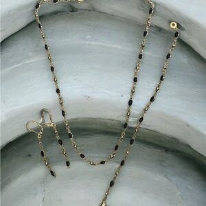 Elegant 14k Gold and Black Color Beaded Earrings, Bracelet, Necklace Set
